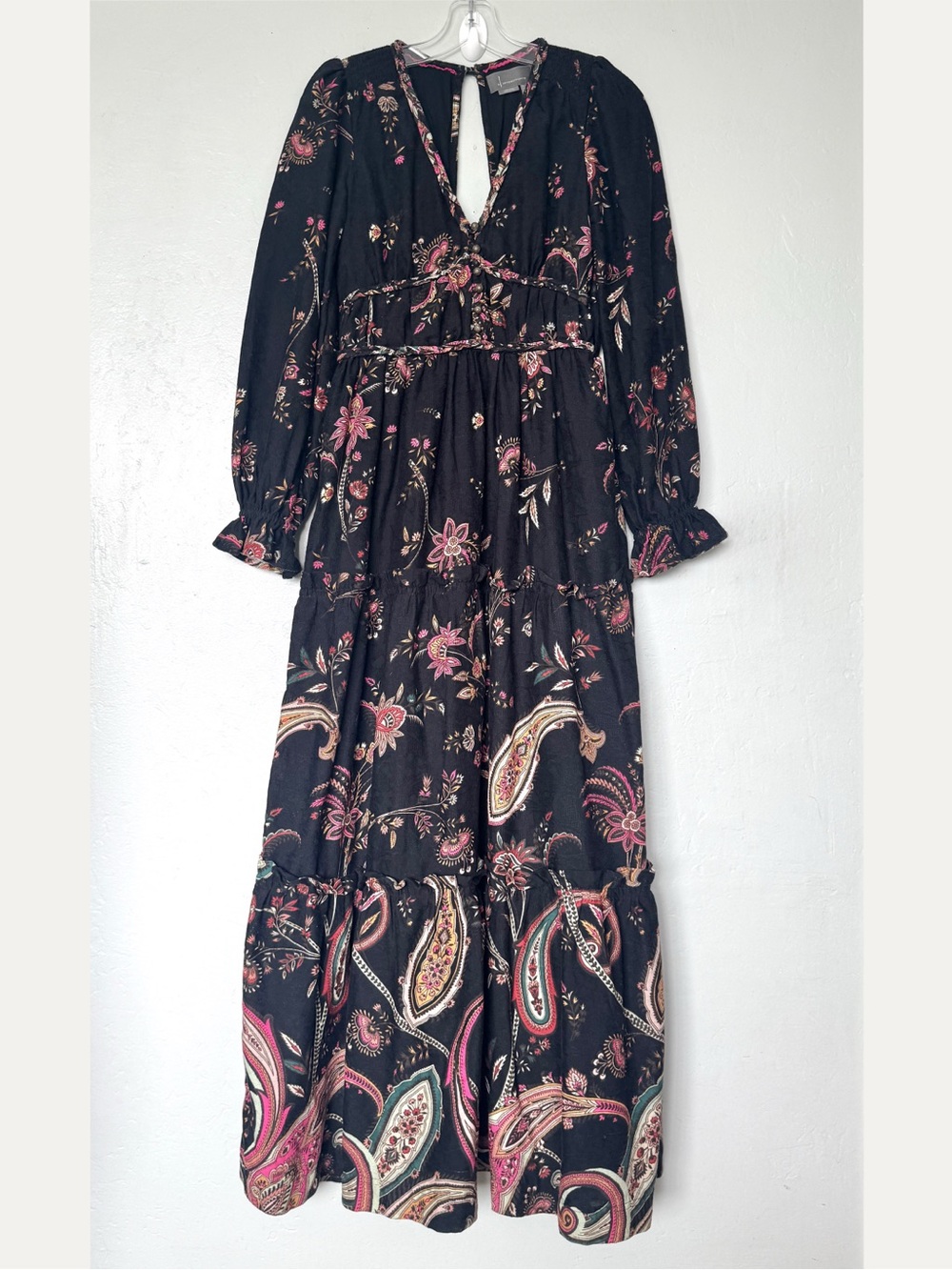 Anthropologie Paisley Floral V-neck Long Sleeve Maxi Dress in Black/Pink Size 0